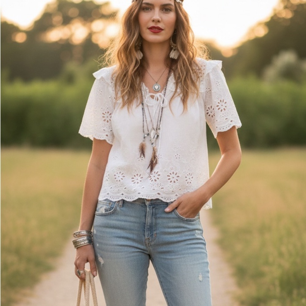 Elegant White Eyelet Lace Women's Top - small- NWT